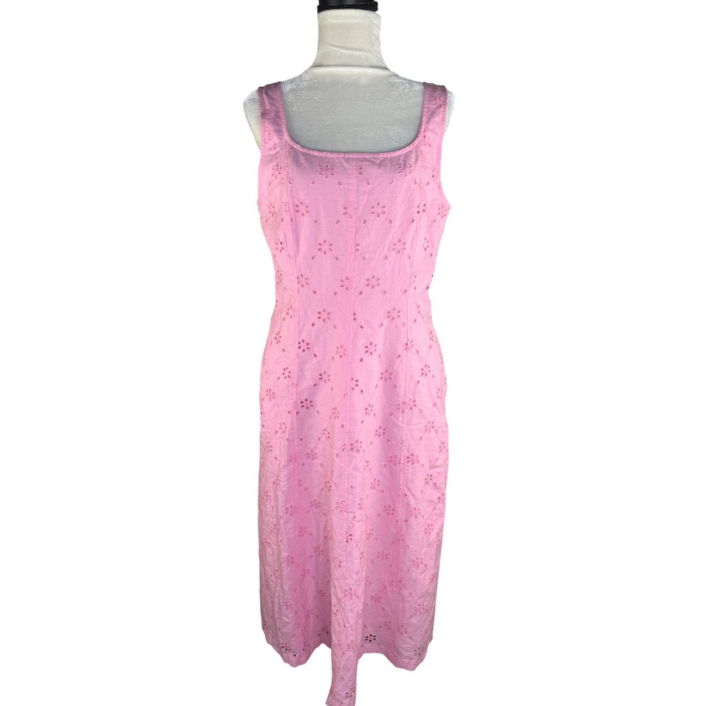 J.Crew Pink Eyelet Cotton Midi Dress Womens 12 Square Neck Smocked Back Pockets